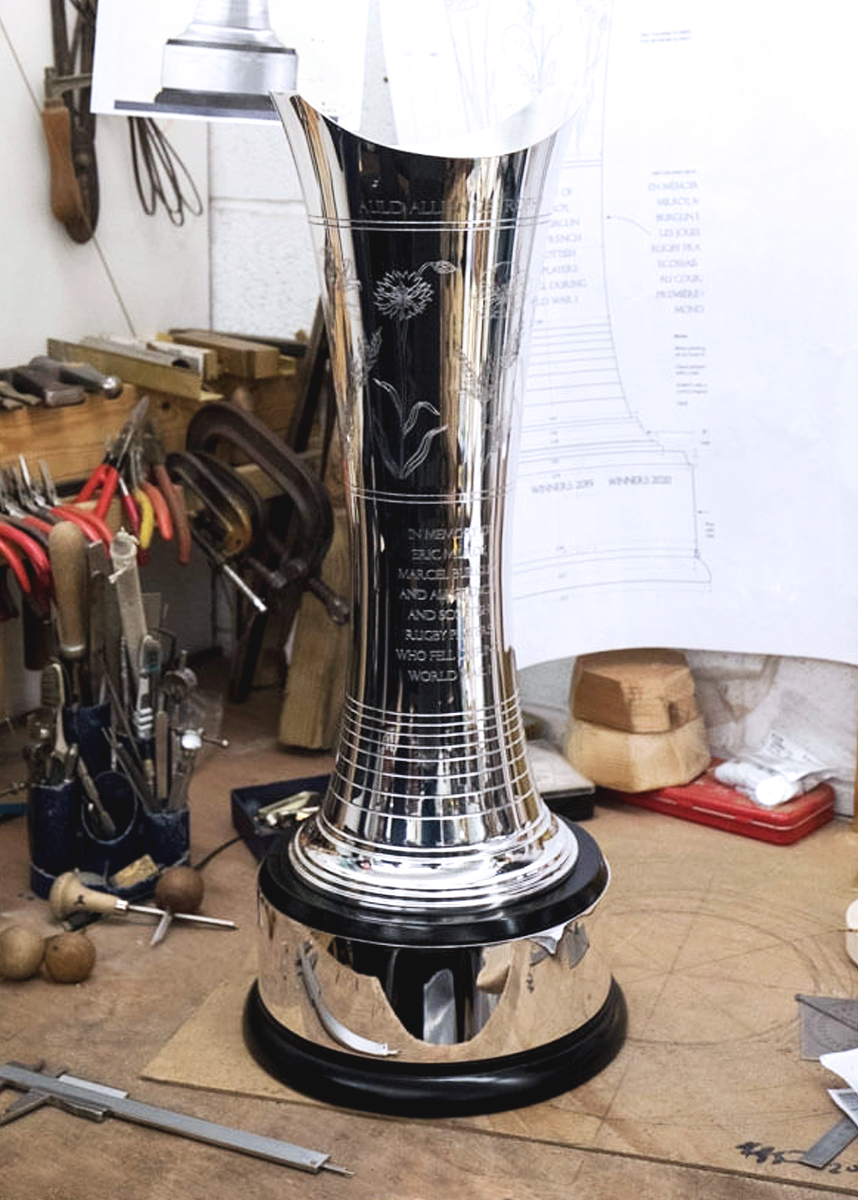 Photo of Auld Alliance Trophy on a workbench