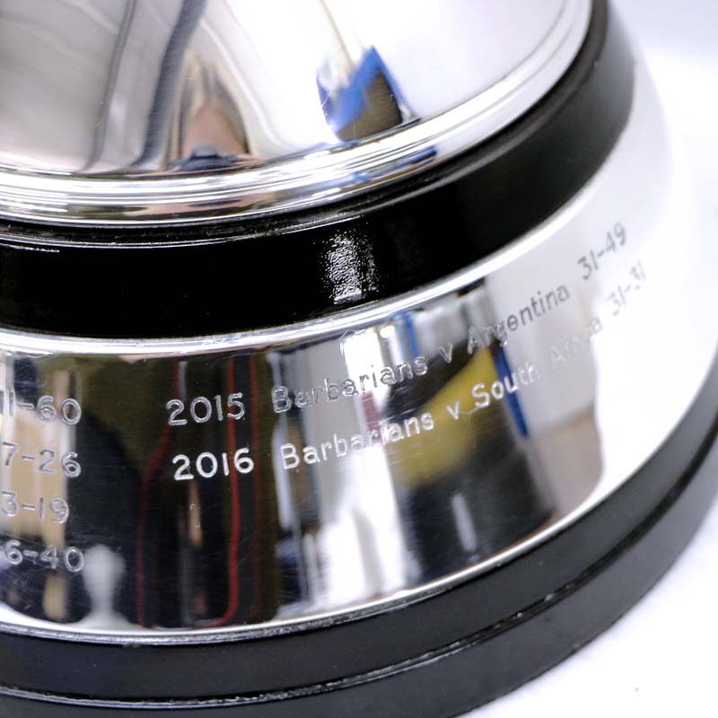Barbarians rugby team name engraved on to bespoke trophy plinth