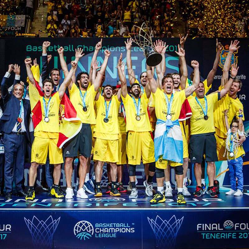 Basketball Champions League winners lift the trophy made by Thomas Lyte