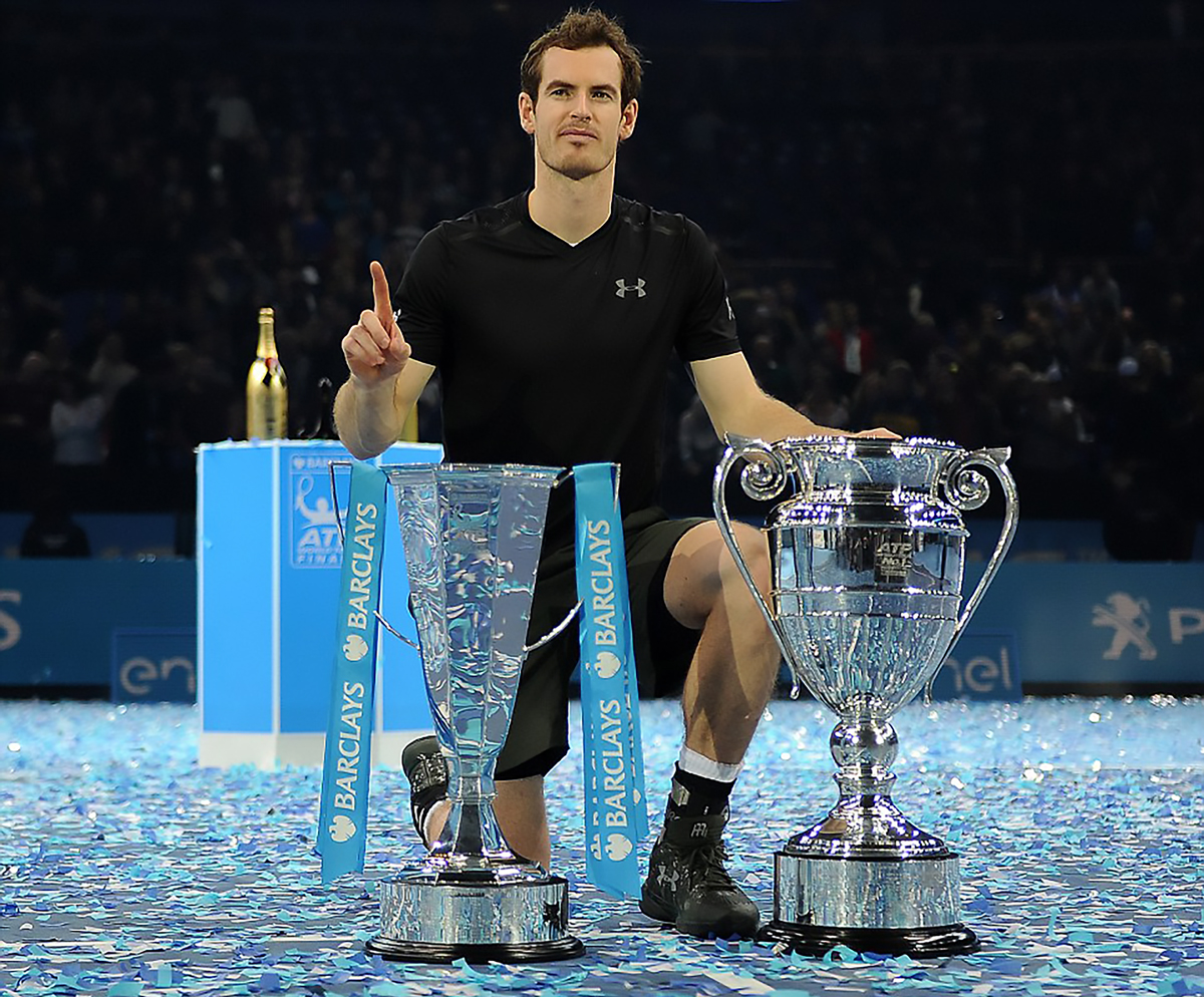Andy Murray with the ATP World Number One Trophy and ATP Finals Men