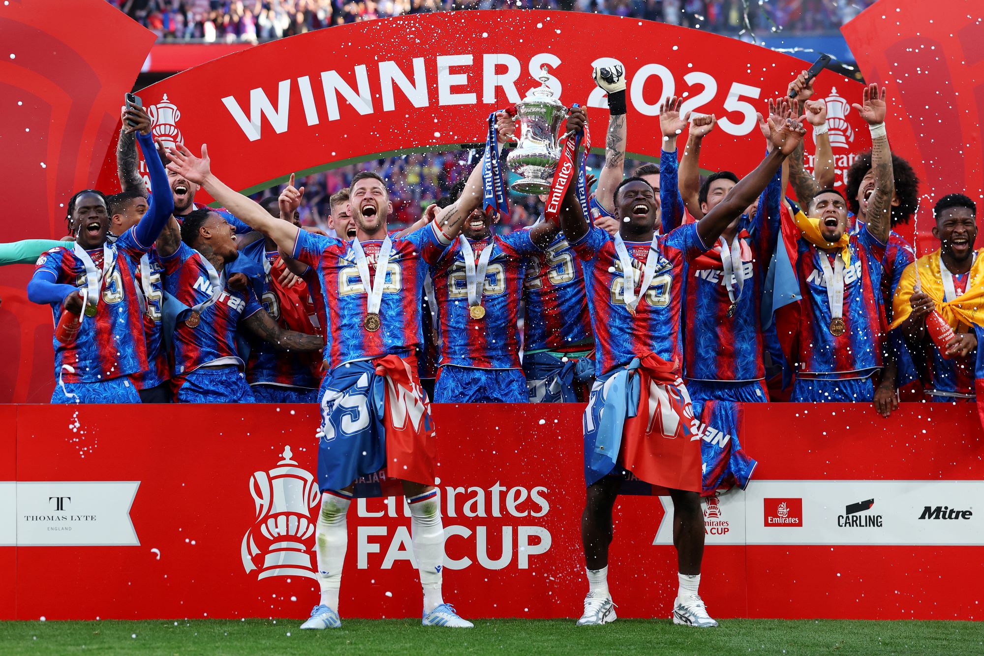 Crystal Palace lift the Emirates FA Cup trophy 2025 designed and made by Thomas Lyte