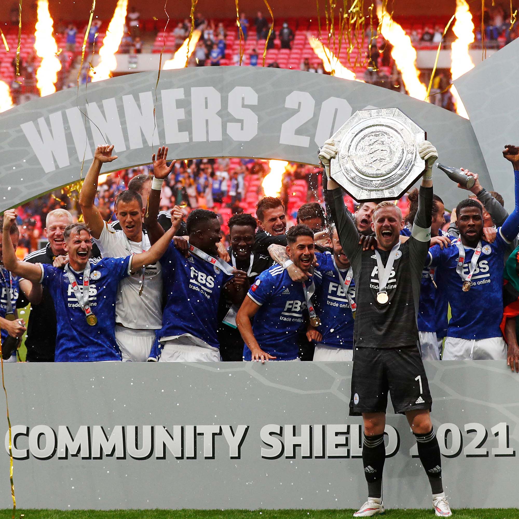 2021 FA Community Shield winners Leicester City celebrate with trophy at Wembley