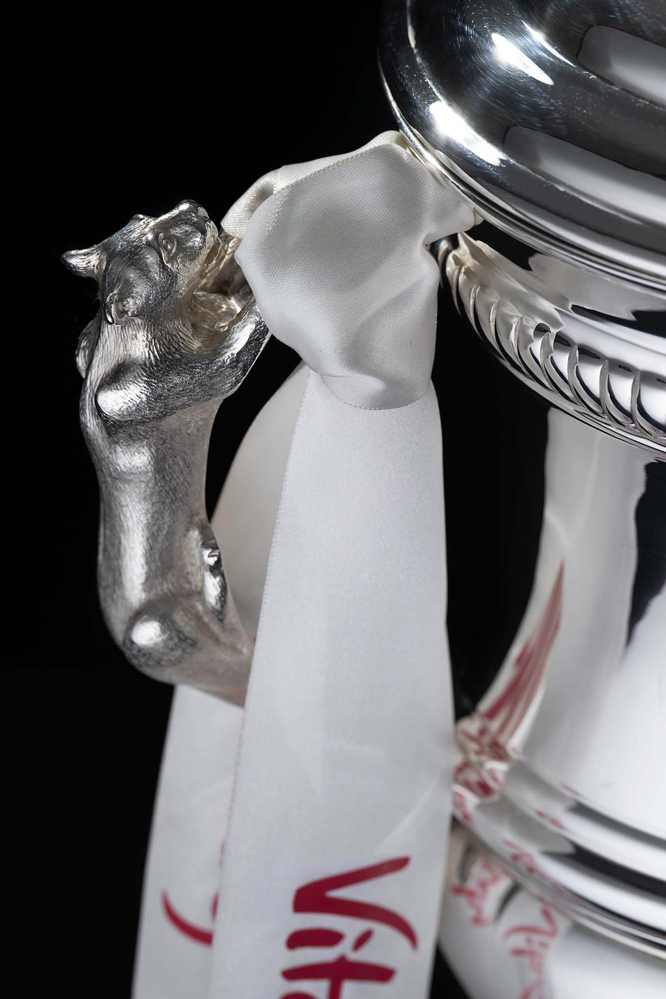 Silver sculpted lioness detailing by silversmiths on Womens FA Cup trophy