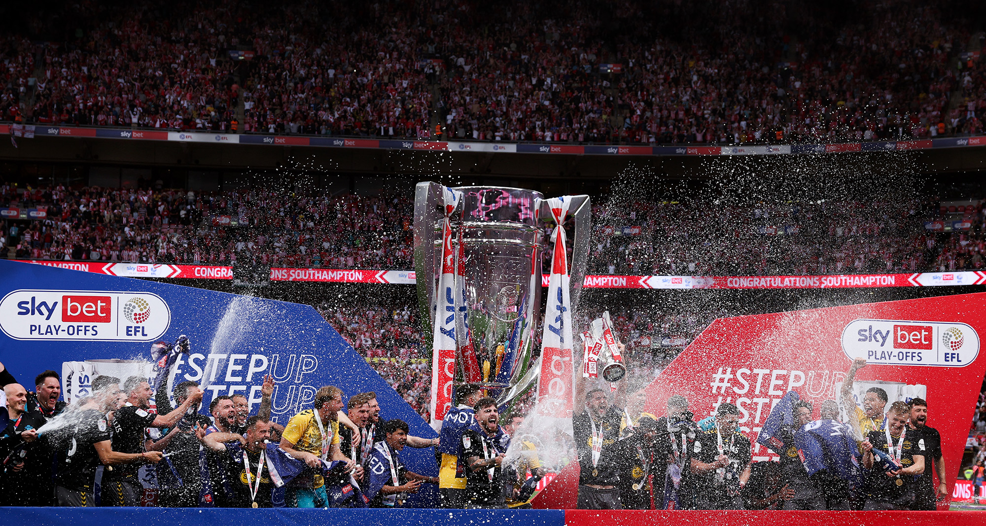 Southampton promoted at Wembley and lift the EFL Championship Play-Off trophy made by Thomas Lyte