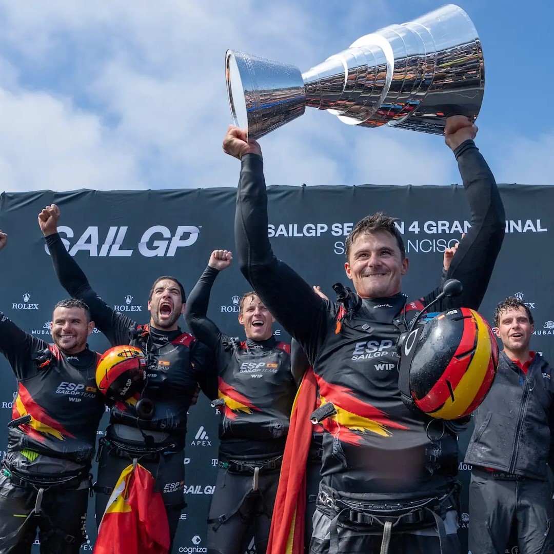 SailGP winners Spain lift trophy designed and made by Thomas Lyte square